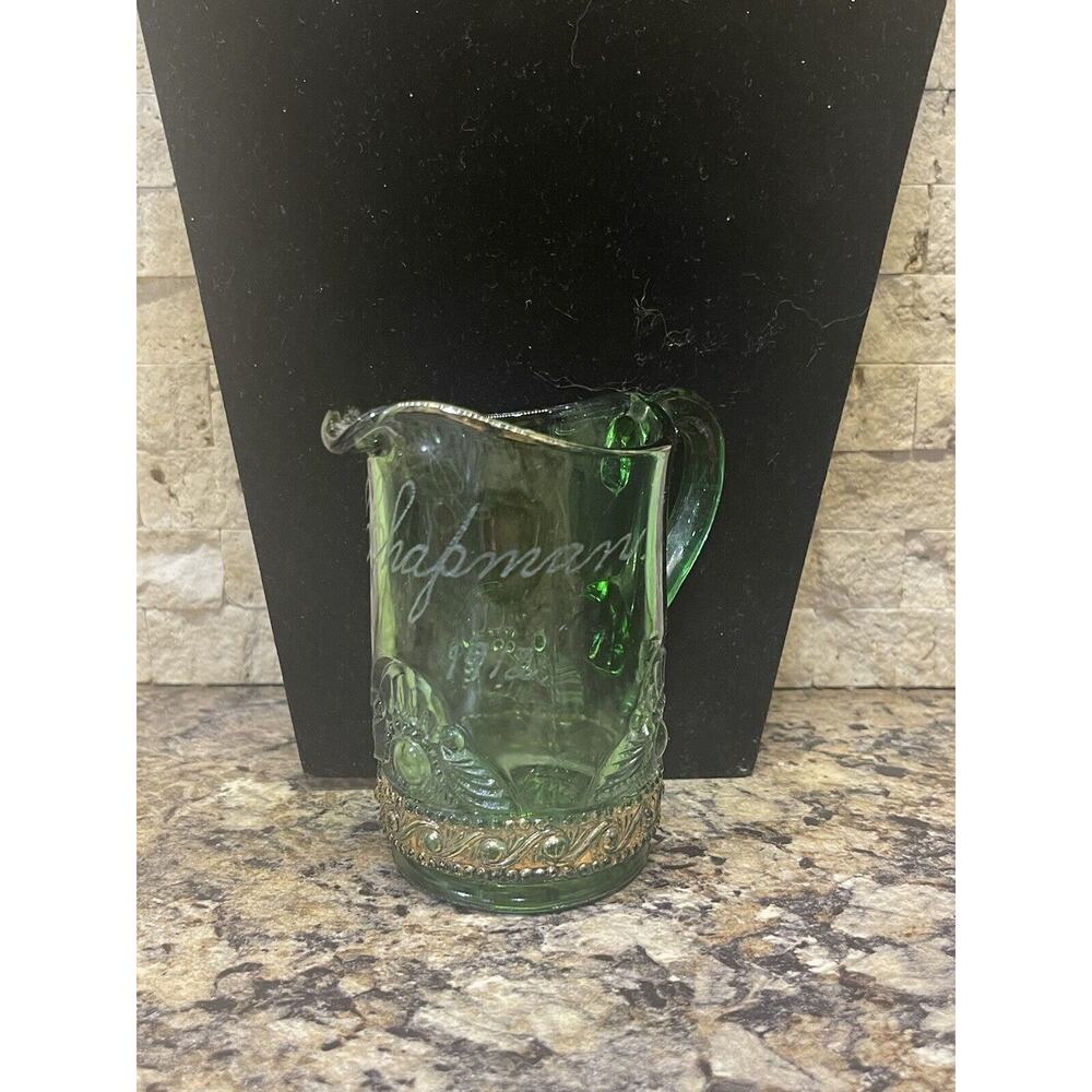 Antique EAPG Pitcher Green Glass‎ with Gold Trim Engraved L J Chapman 1912 Nice